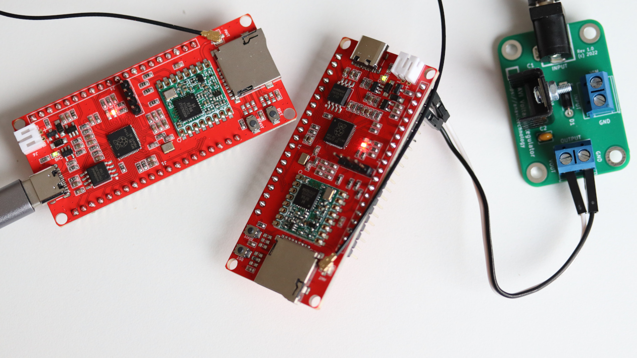 MaPie LoRa RP2040 boards powered from USB-C and a voltage regulator