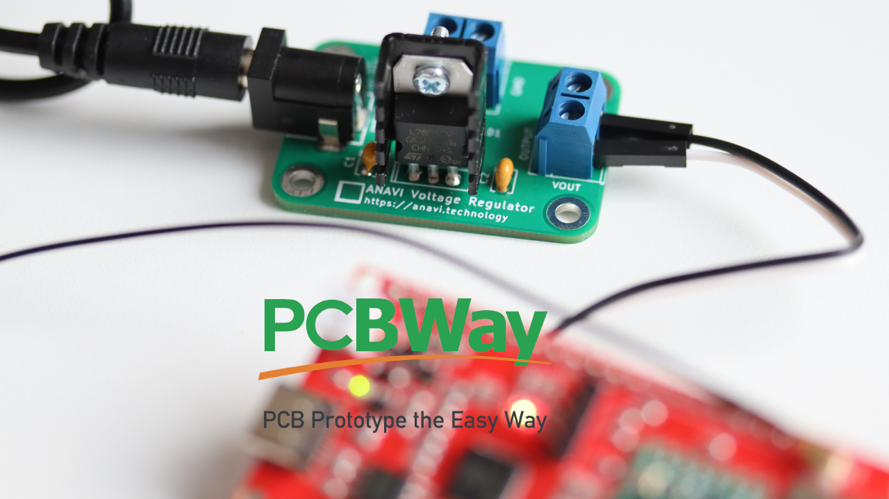 Linear voltage regulator L7805 on a printed circuit board designed with KiCad and manufactured by PCBway